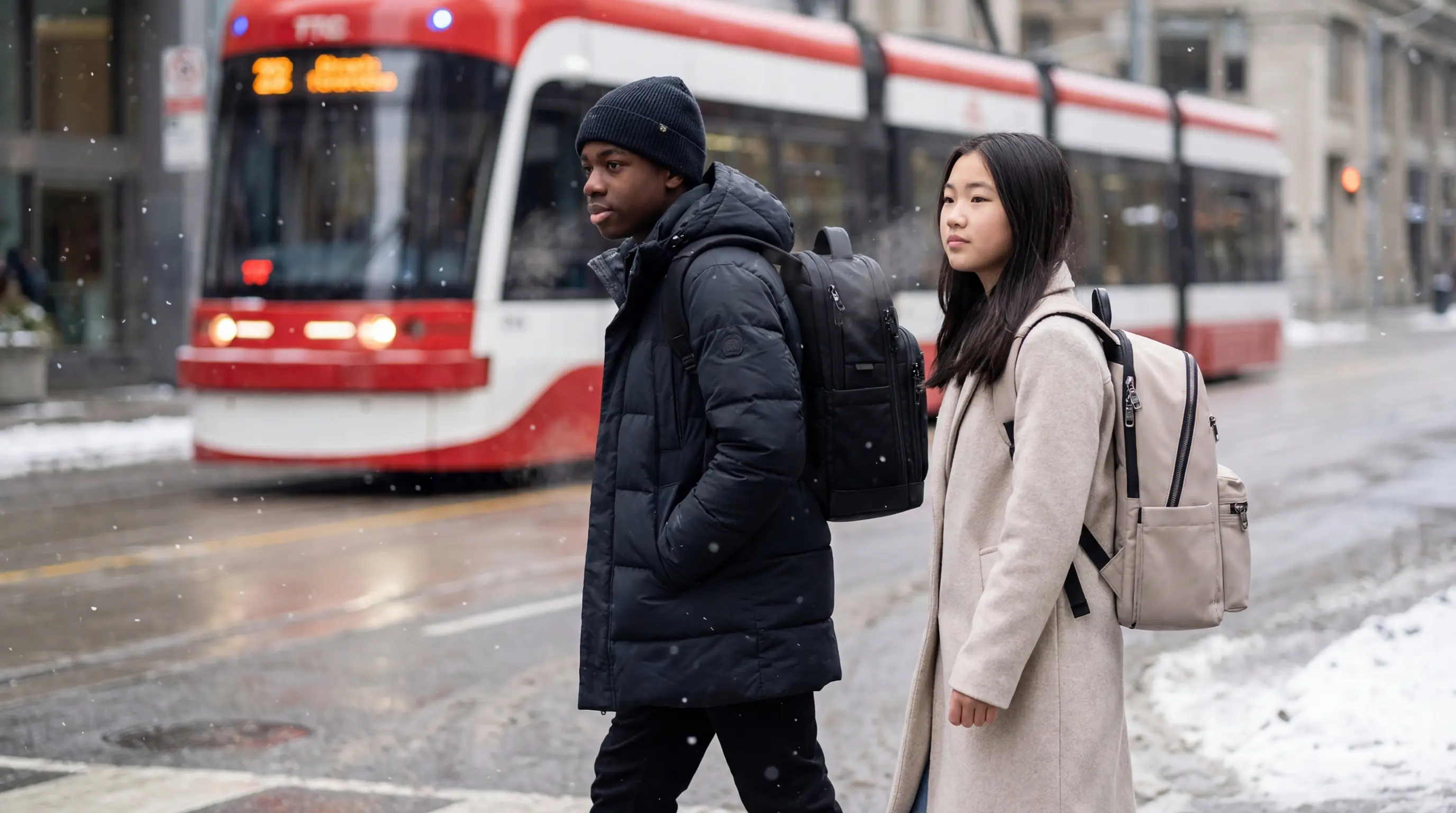 Canadian teen with ergonomic backpack in winter city street