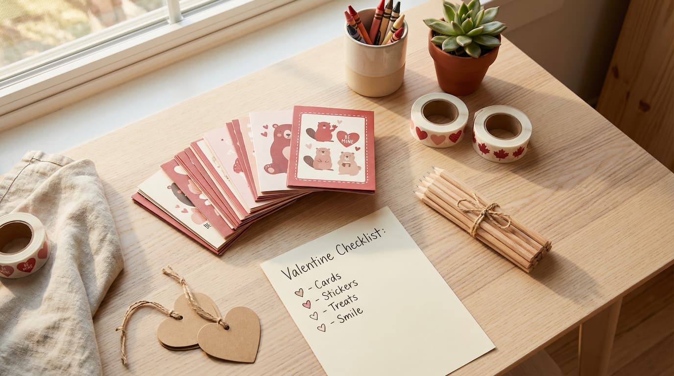 Canadian classroom Valentine’s Day card exchange flatlay