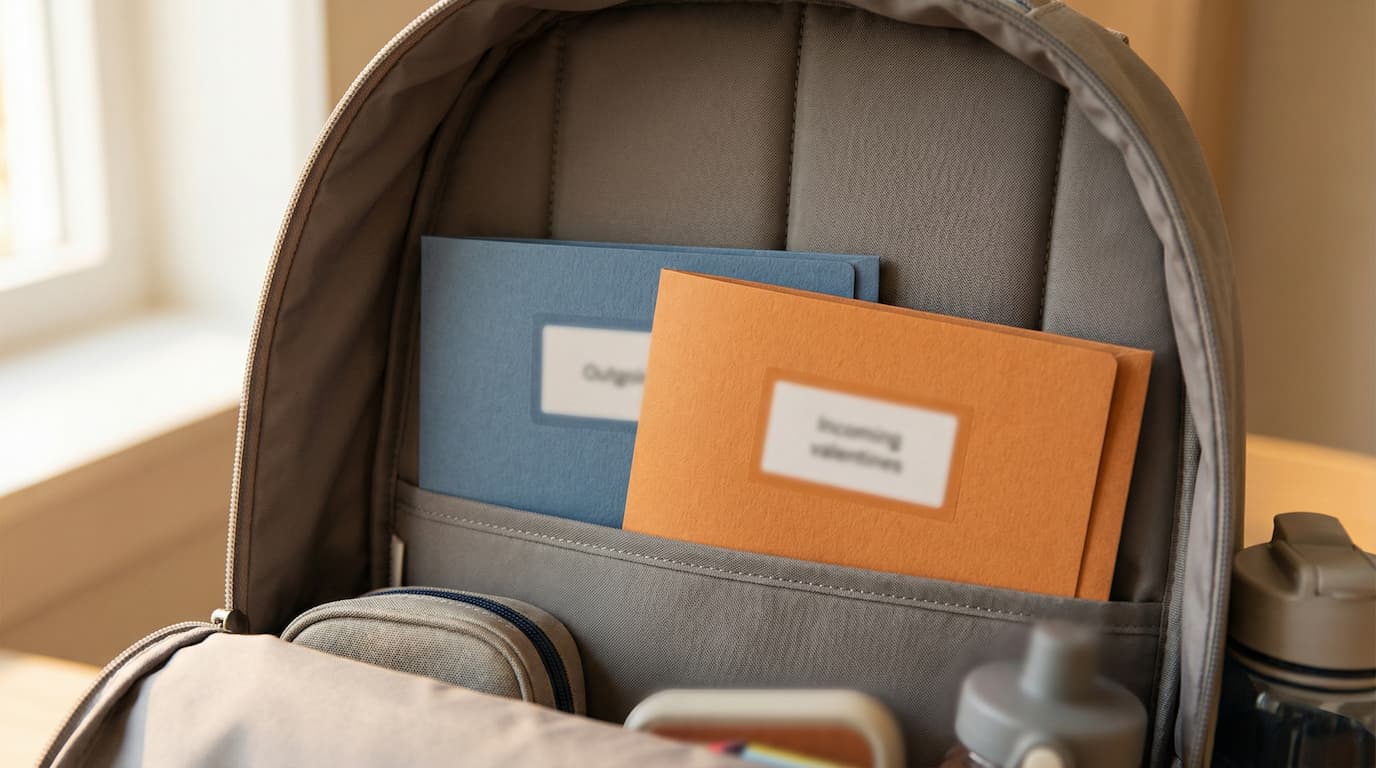 Backpack organization: sorting outgoing and incoming valentines
