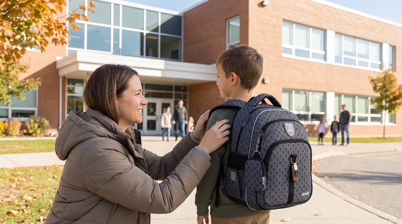 Parent helping child choose a school backpack in Canada