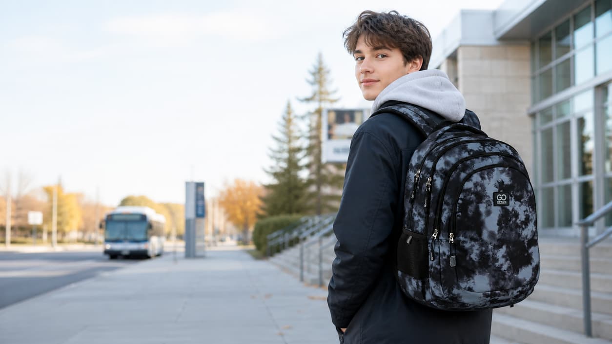Teen student wearing a practical school backpack near a Canadian school commute and bus stop setting
