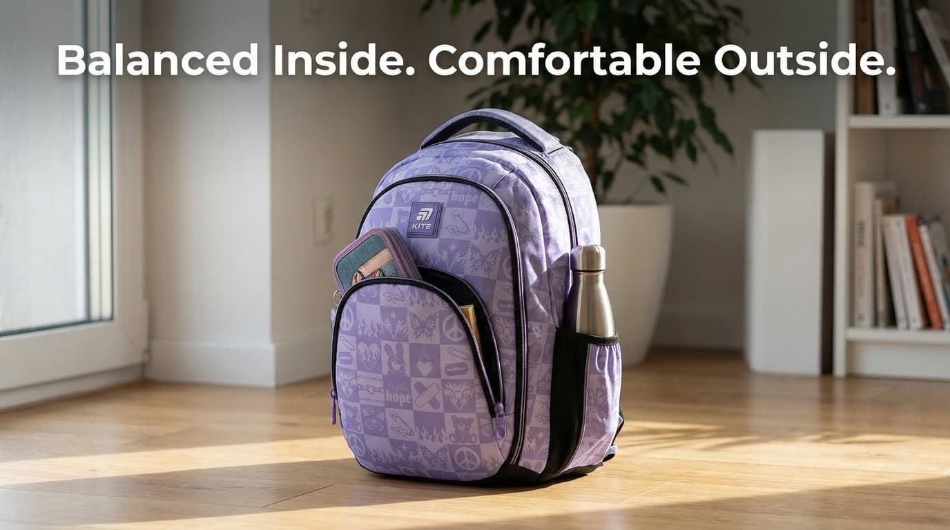 Well packed and balanced school backpack from the outside