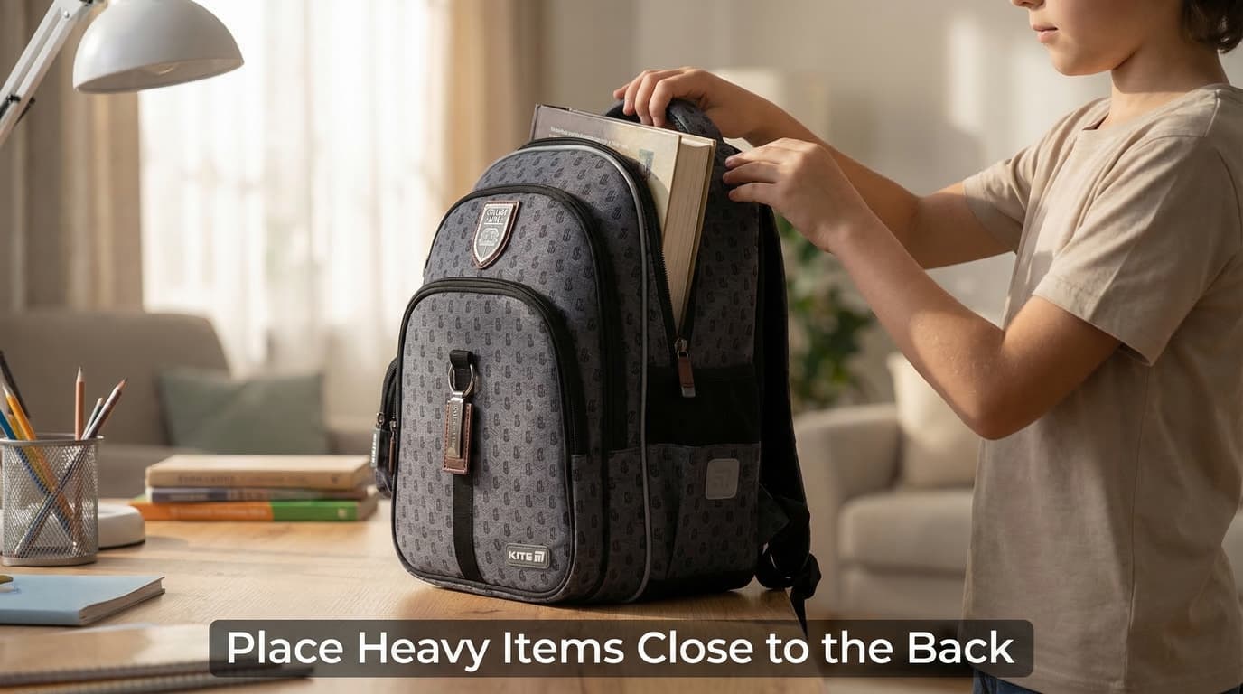 Placing heavy school books into a backpack the right way