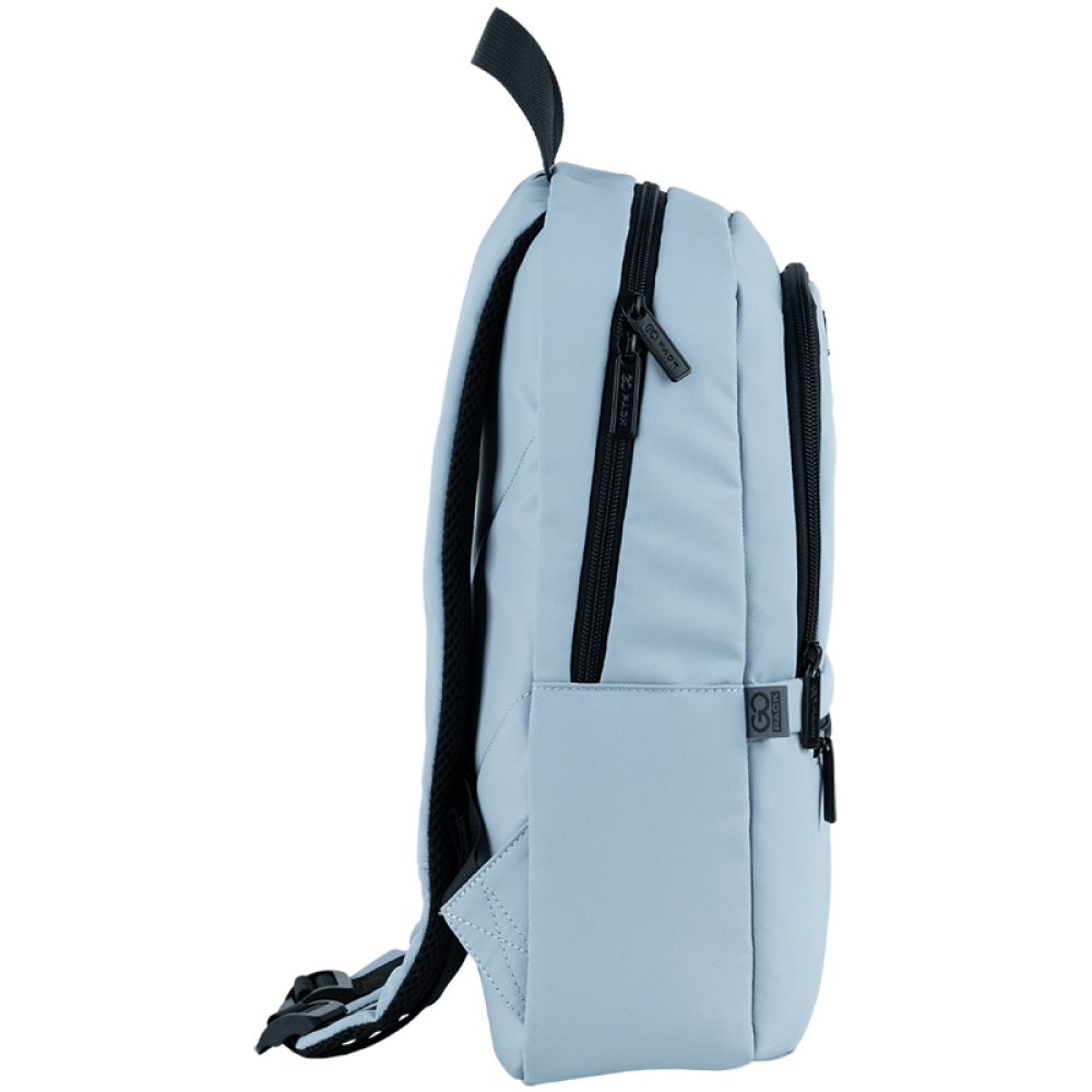 Light blue minimalist backpack front view with streamlined design