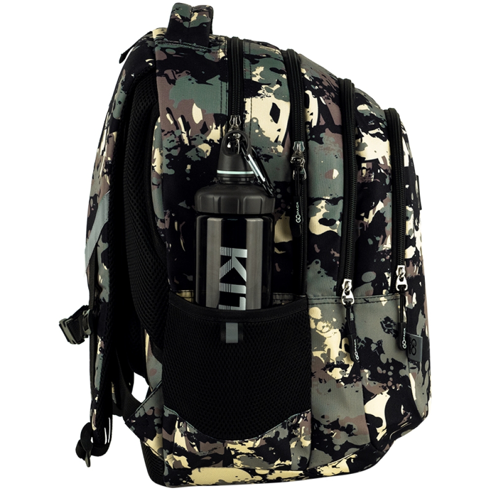 GoPack Teens camo ergonomic backpack side and back view