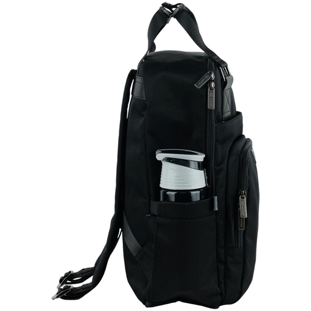 Black urban backpack front view with multiple pockets