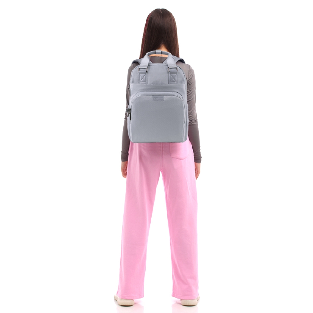 Beige urban backpack side and back view with padded panel